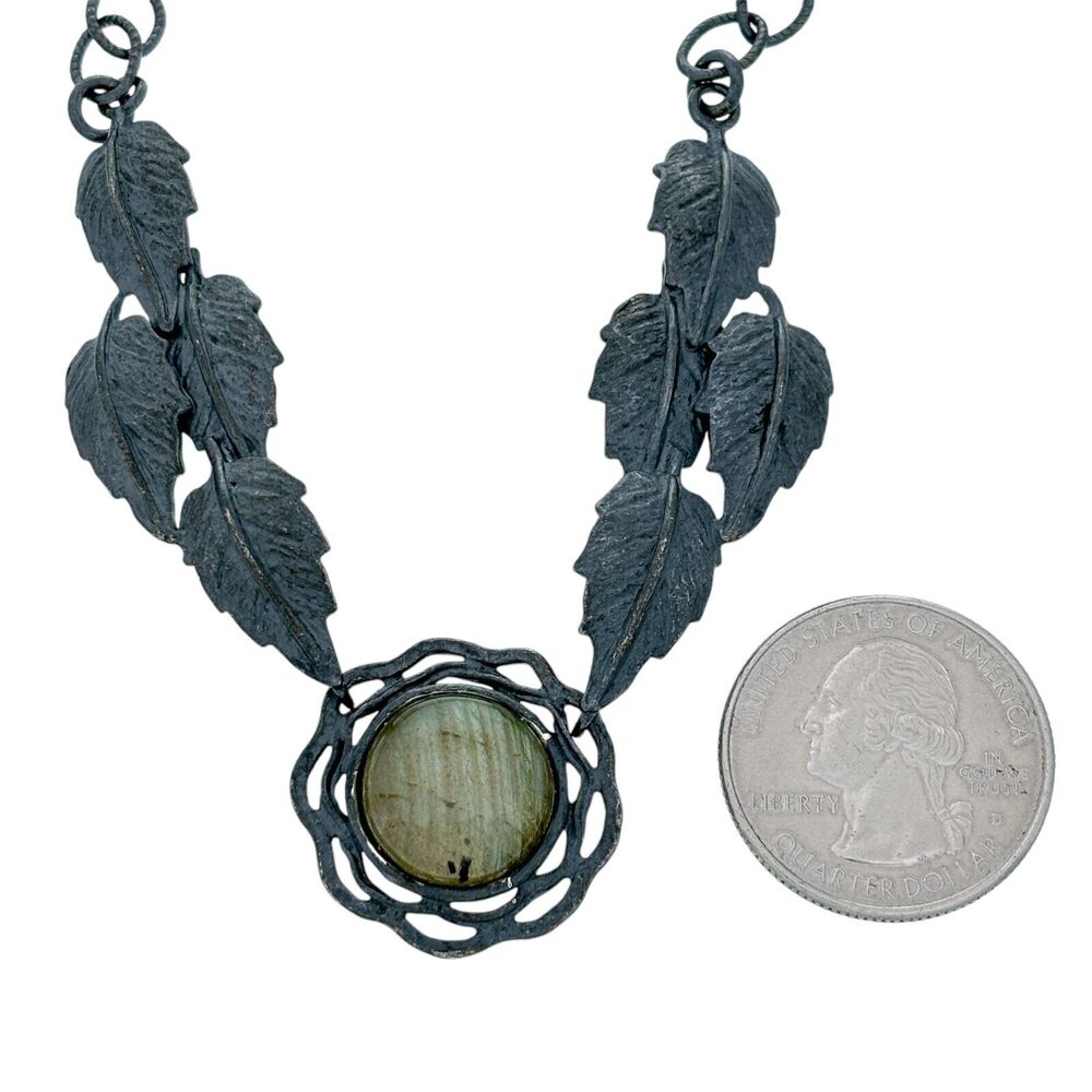 Vintage Oxidized Sterling Silver 925 Floral Labradorite Necklace 20" - Picture 2 of 5
